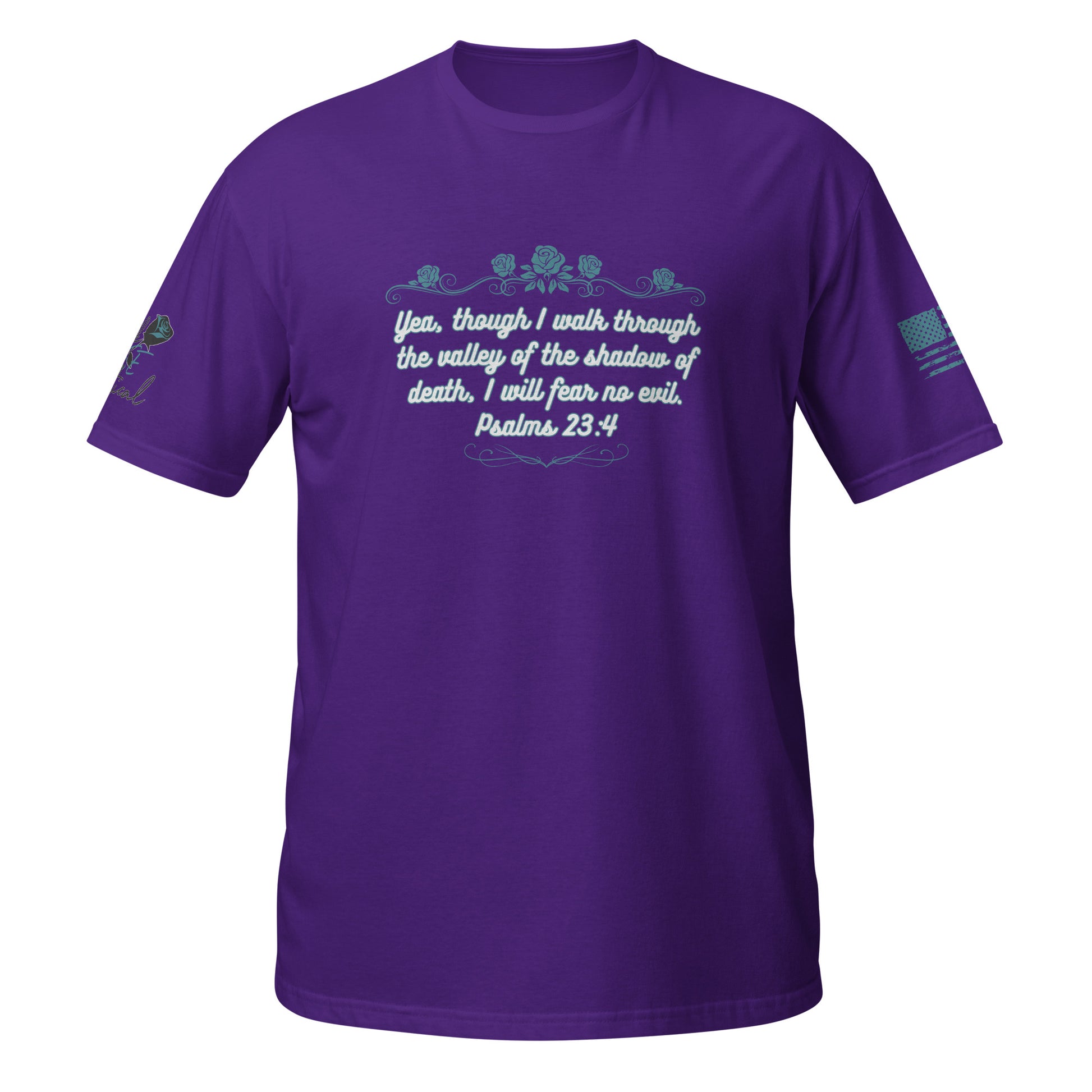 Christian faith T-shirt with Psalms 23:4 verse shown in product detail shot purple