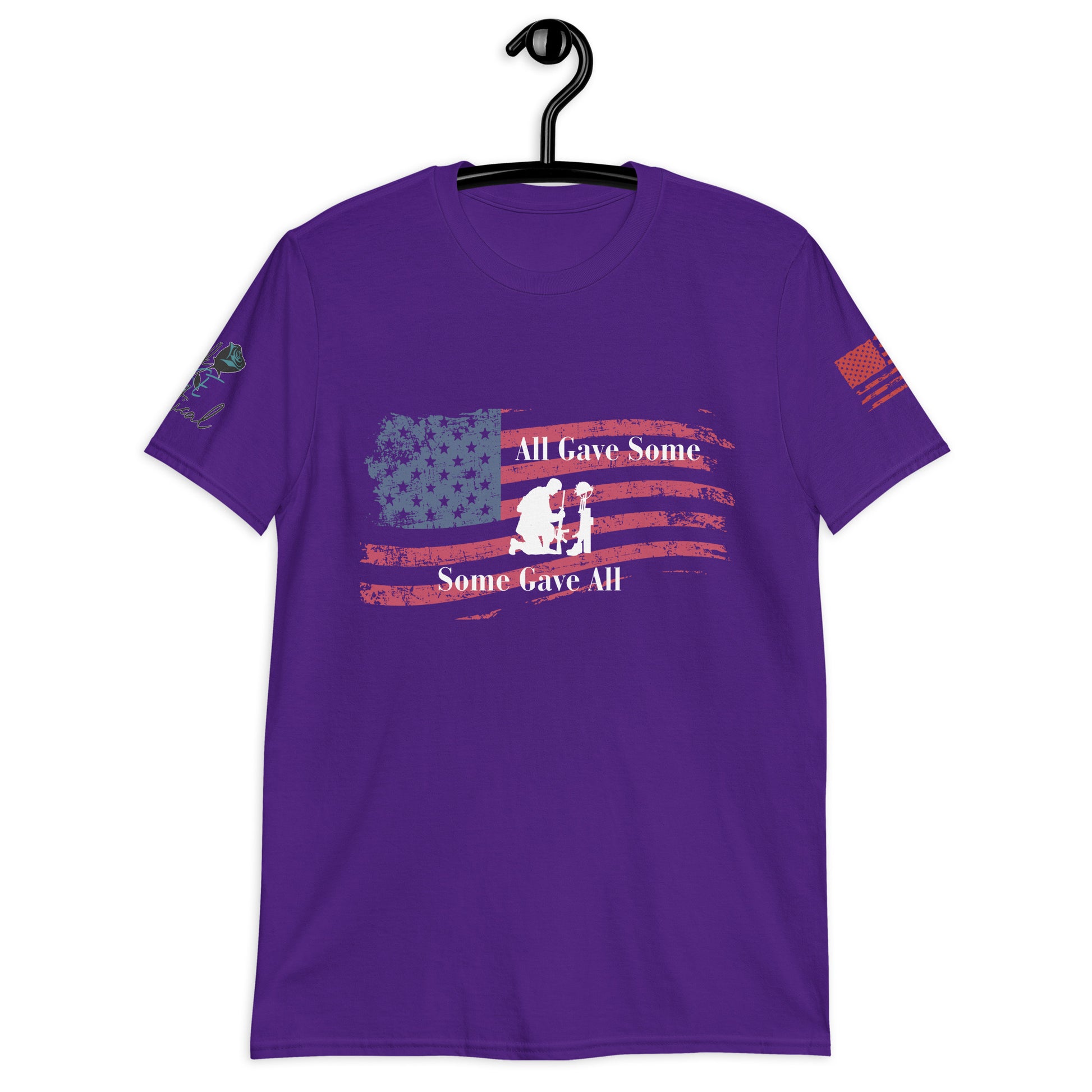 Front view of All Gave Some Some Gave All short sleeve patriotic shirt on plain background purple