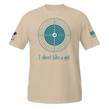 I Shoot Like a Girl short sleeve t-shirt flat lay with bold 2A design sand