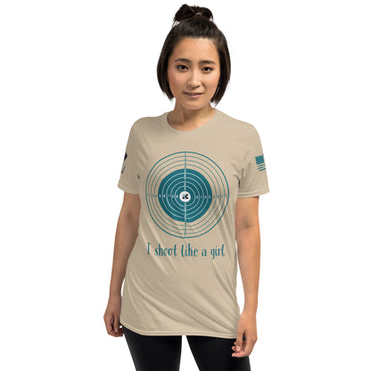 Woman wearing a beige t-shirt with a graphic design and text on a white background