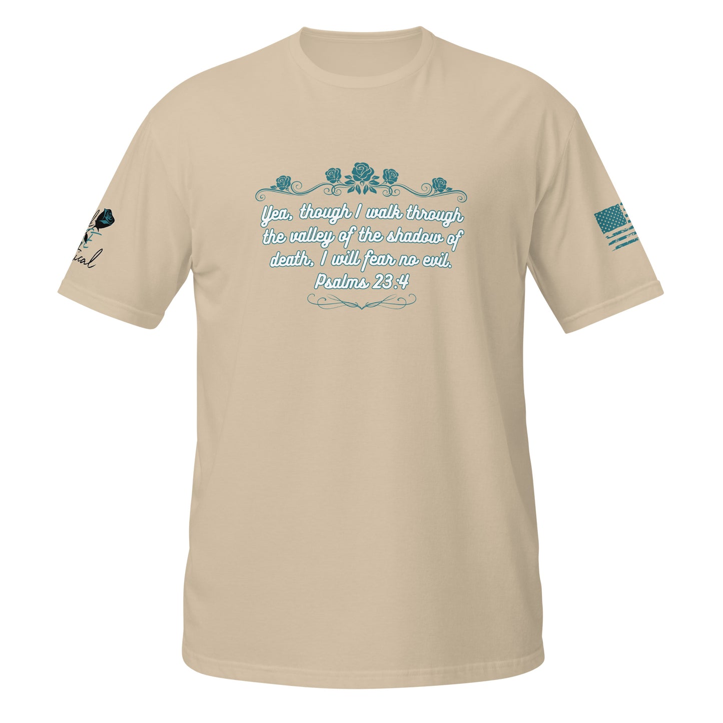 Christian faith T-shirt with Psalms 23:4 verse shown in product detail shot sand