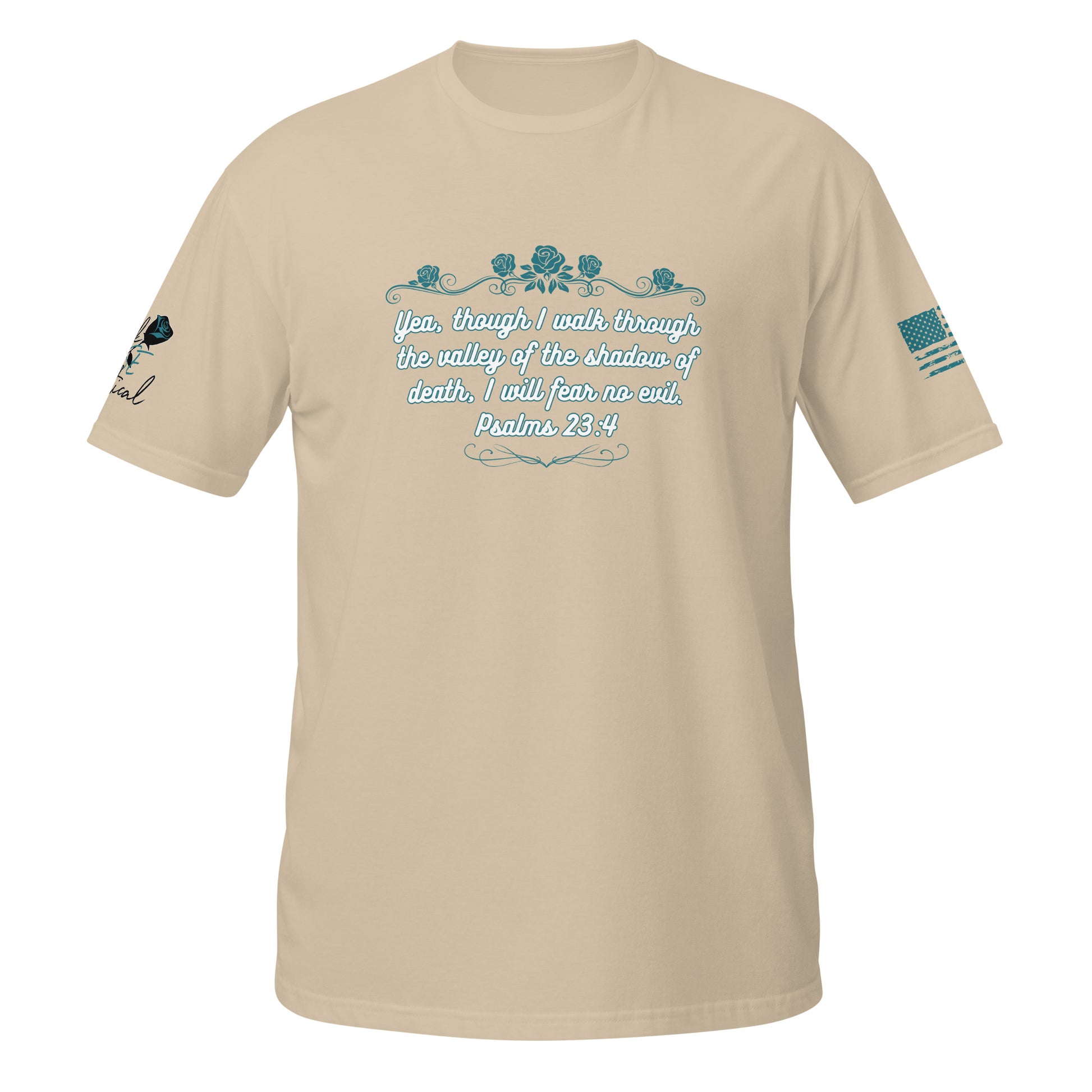 Christian faith T-shirt with Psalms 23:4 verse shown in product detail shot sand