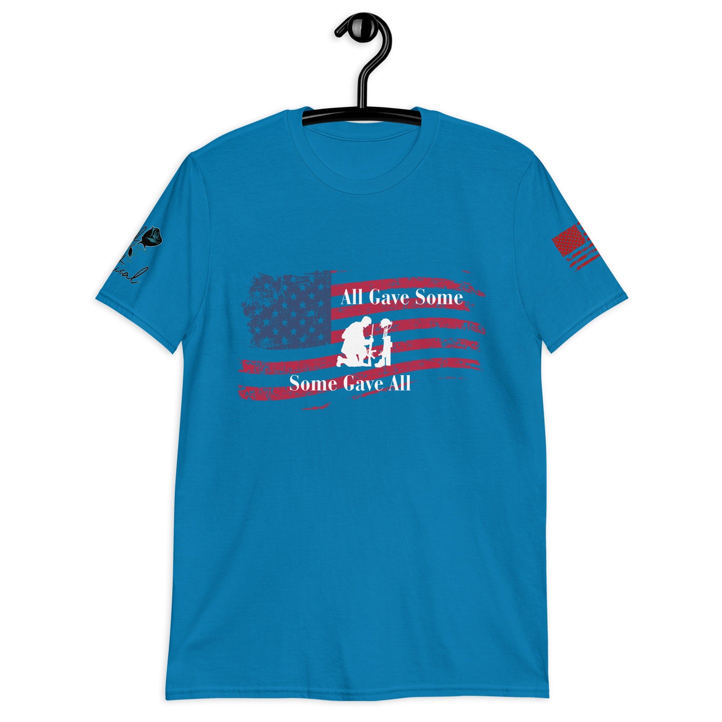 Front view of All Gave Some Some Gave All short sleeve patriotic shirt on plain background light blue