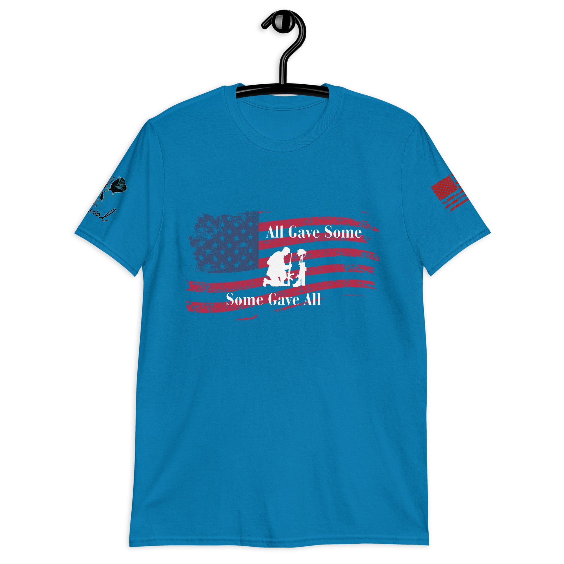 Front view of All Gave Some Some Gave All short sleeve patriotic shirt on plain background light blue