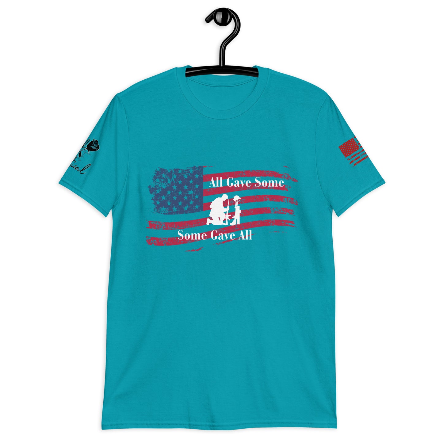 Front view of All Gave Some Some Gave All short sleeve patriotic shirt on plain background turquoise