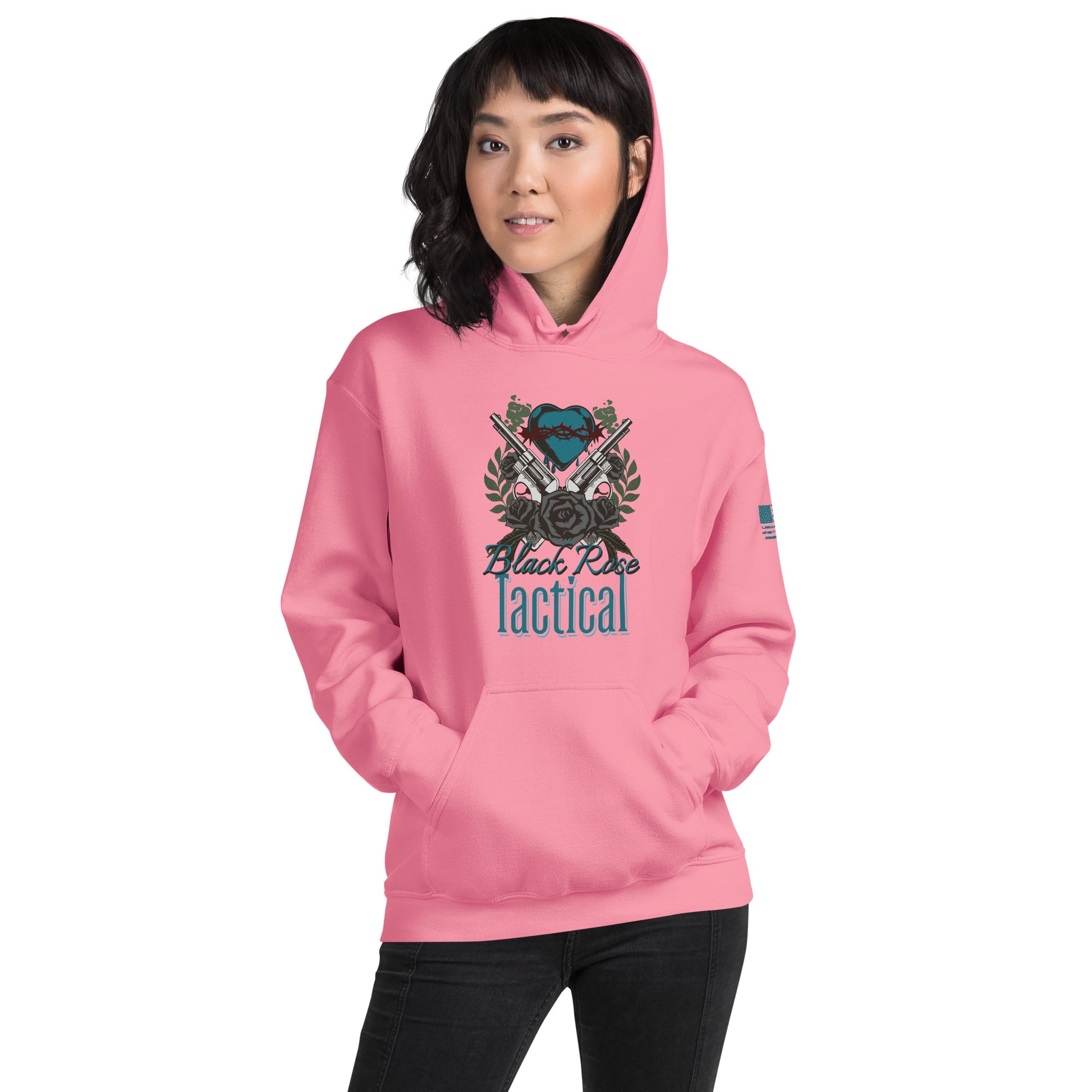 Person wearing a pink hoodie with 'Black Rose Tactical' logo on a white background