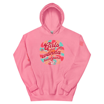 Pink hoodie with colorful graphic and text on a white background