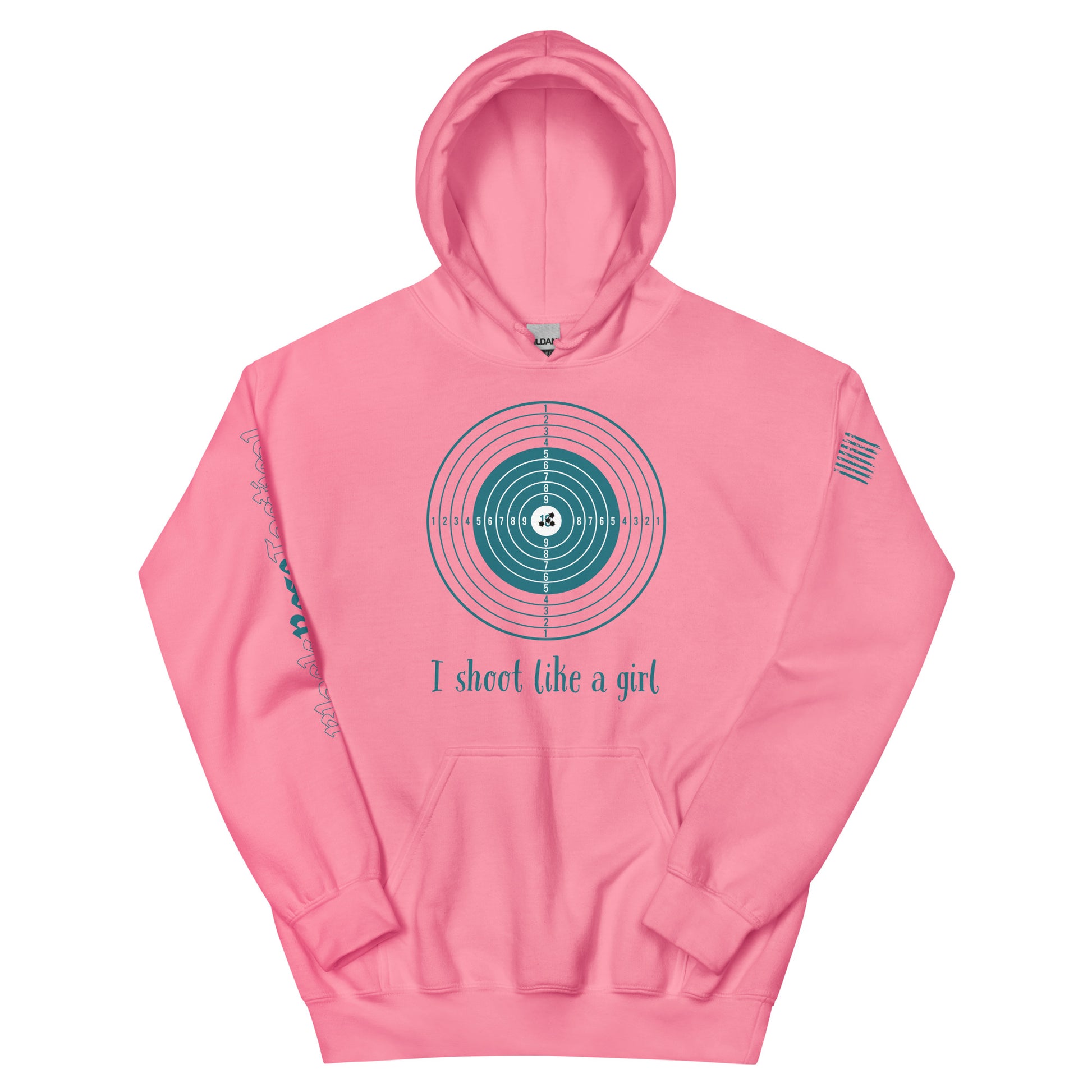 Close-up of hoodie detail showing rib-knit cuffs and pocket pink