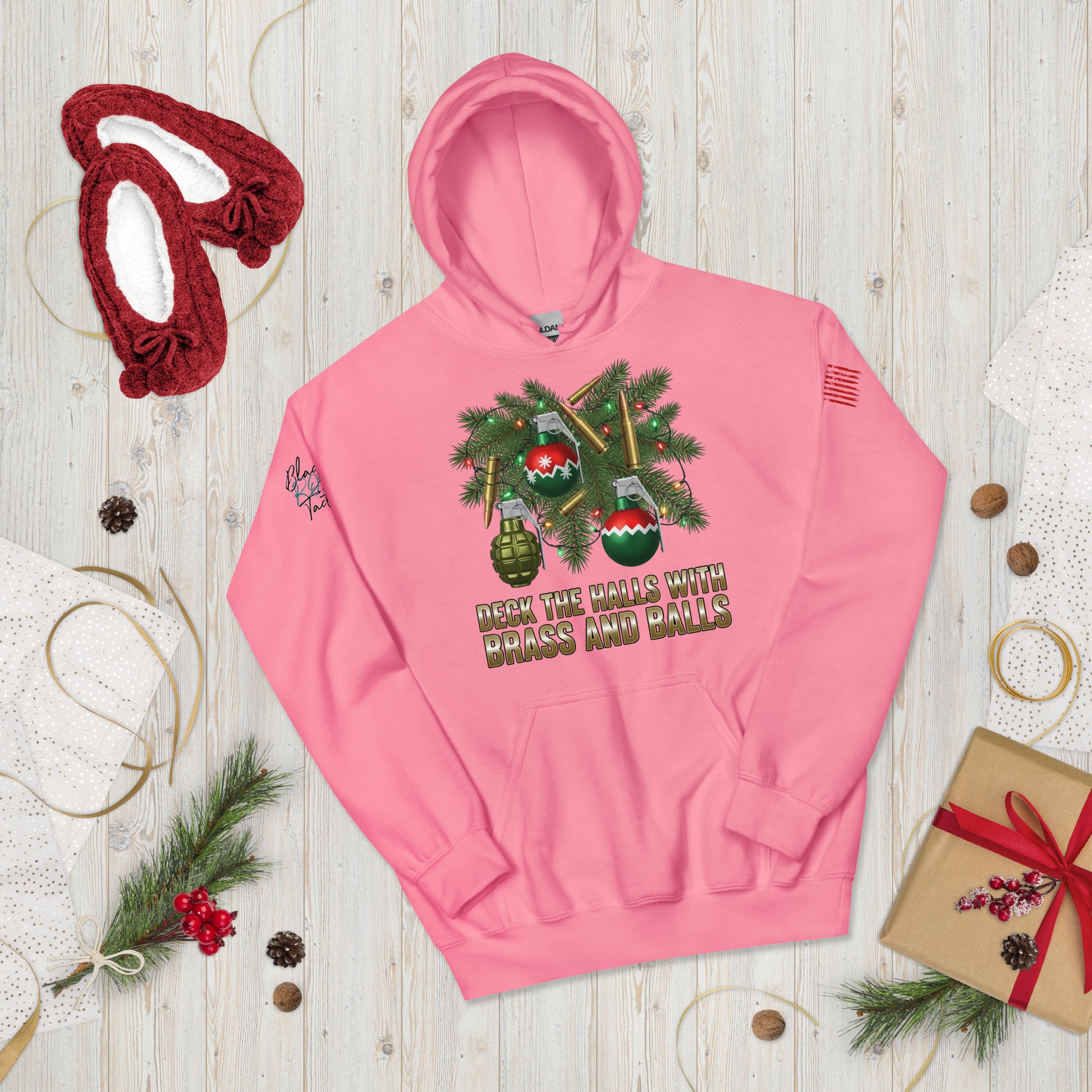 Deck the Halls with Brass and Balls sweatshirt featuring bold tactical Christmas design on front azalea