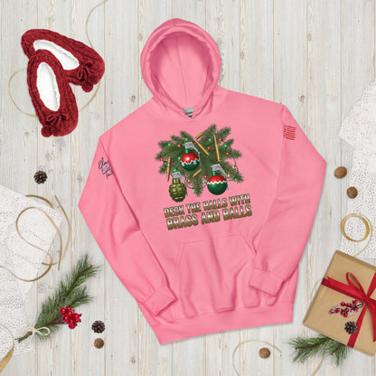 Deck the Halls with Brass and Balls sweatshirt featuring bold tactical Christmas design on front azalea