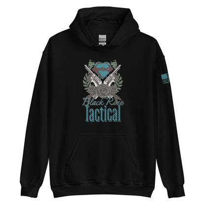 Black Rose Tactical Hoodie in black with bold graphic design, front pouch pocket, and drawstring hood