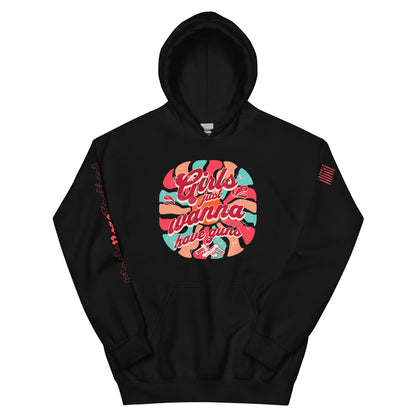 Close-up of Girls Just Wanna Have Guns slogan on cotton polyester hoodie.