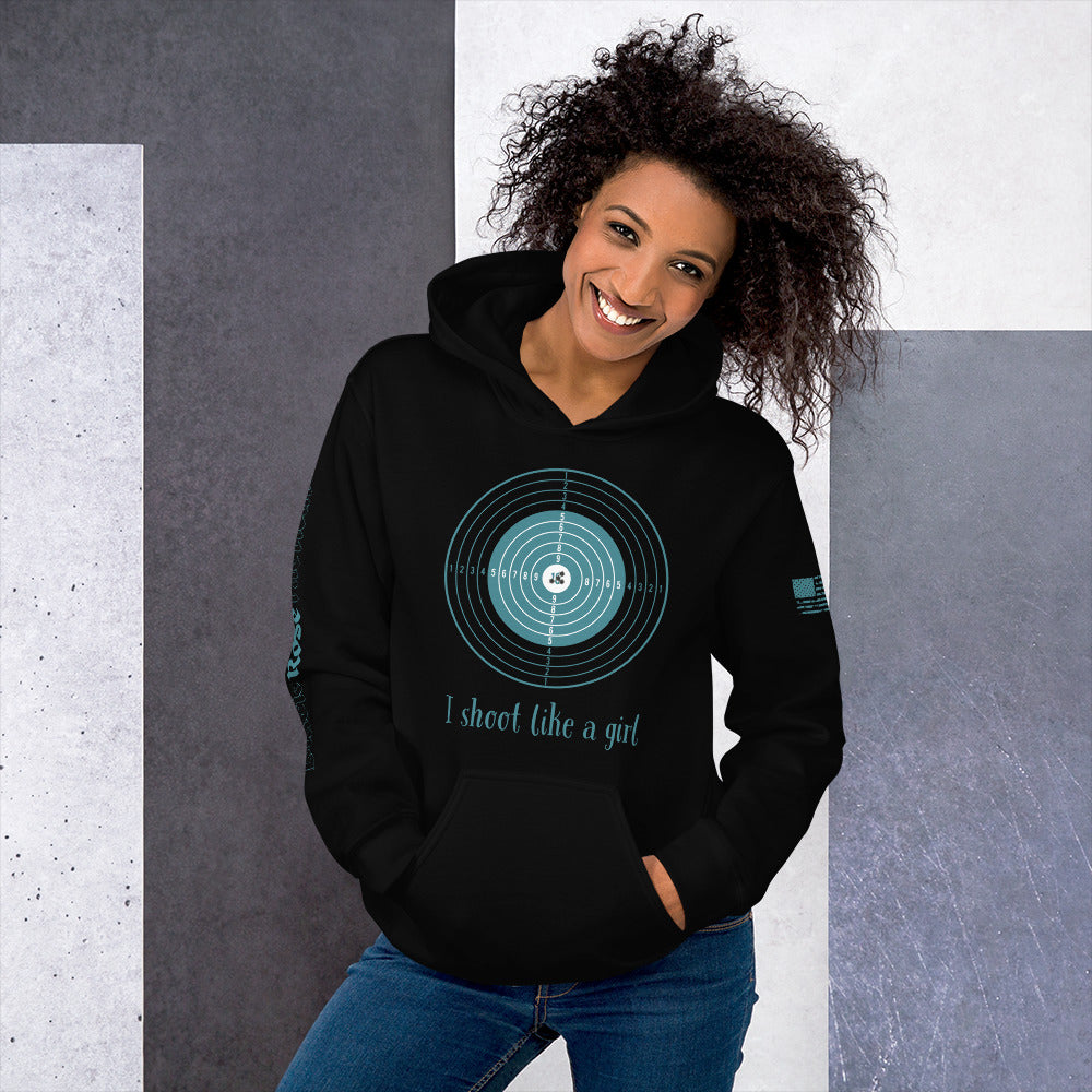 Casual streetwear look featuring I Shoot Like a Girl hoodie.