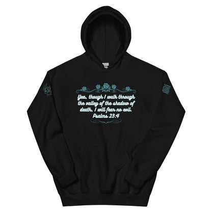 Black hoodie with white text and design on a white background