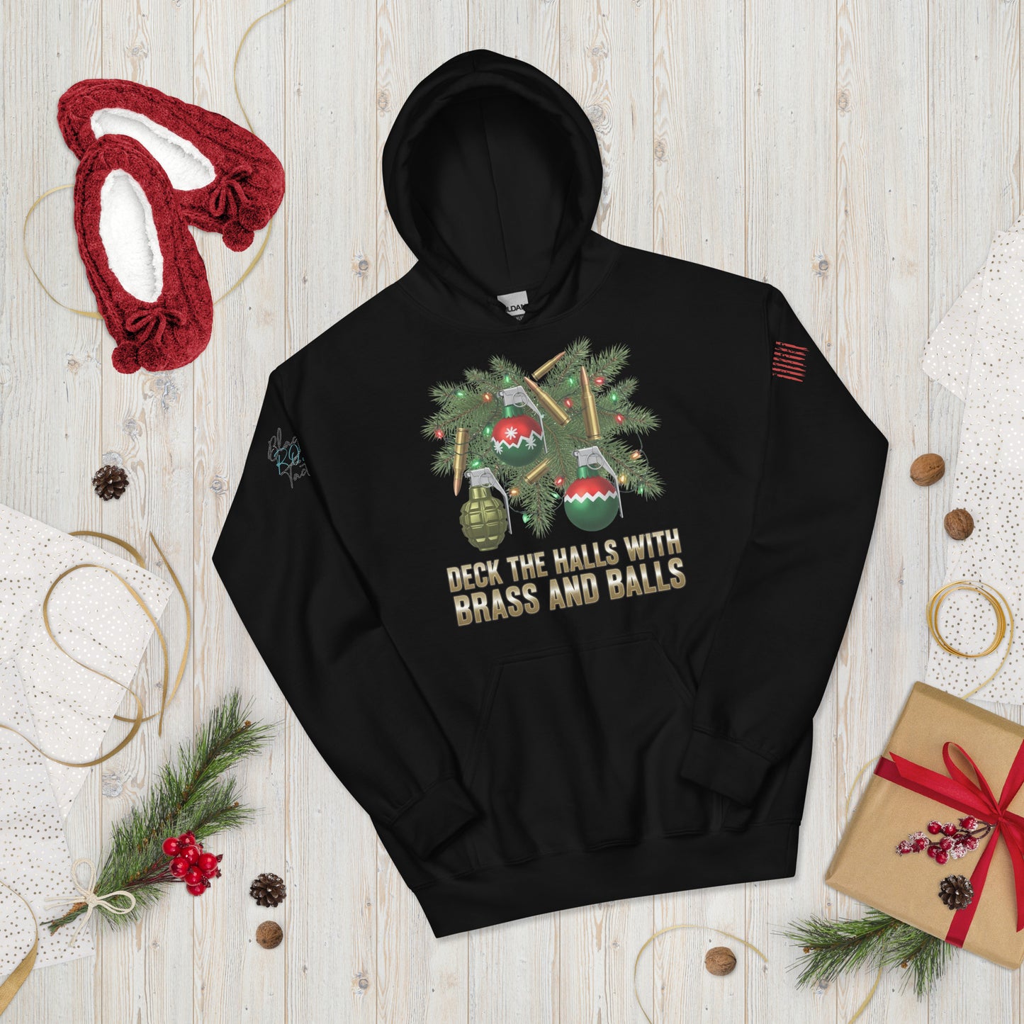 Deck the Halls with Brass and Balls sweatshirt featuring bold tactical Christmas design on front black