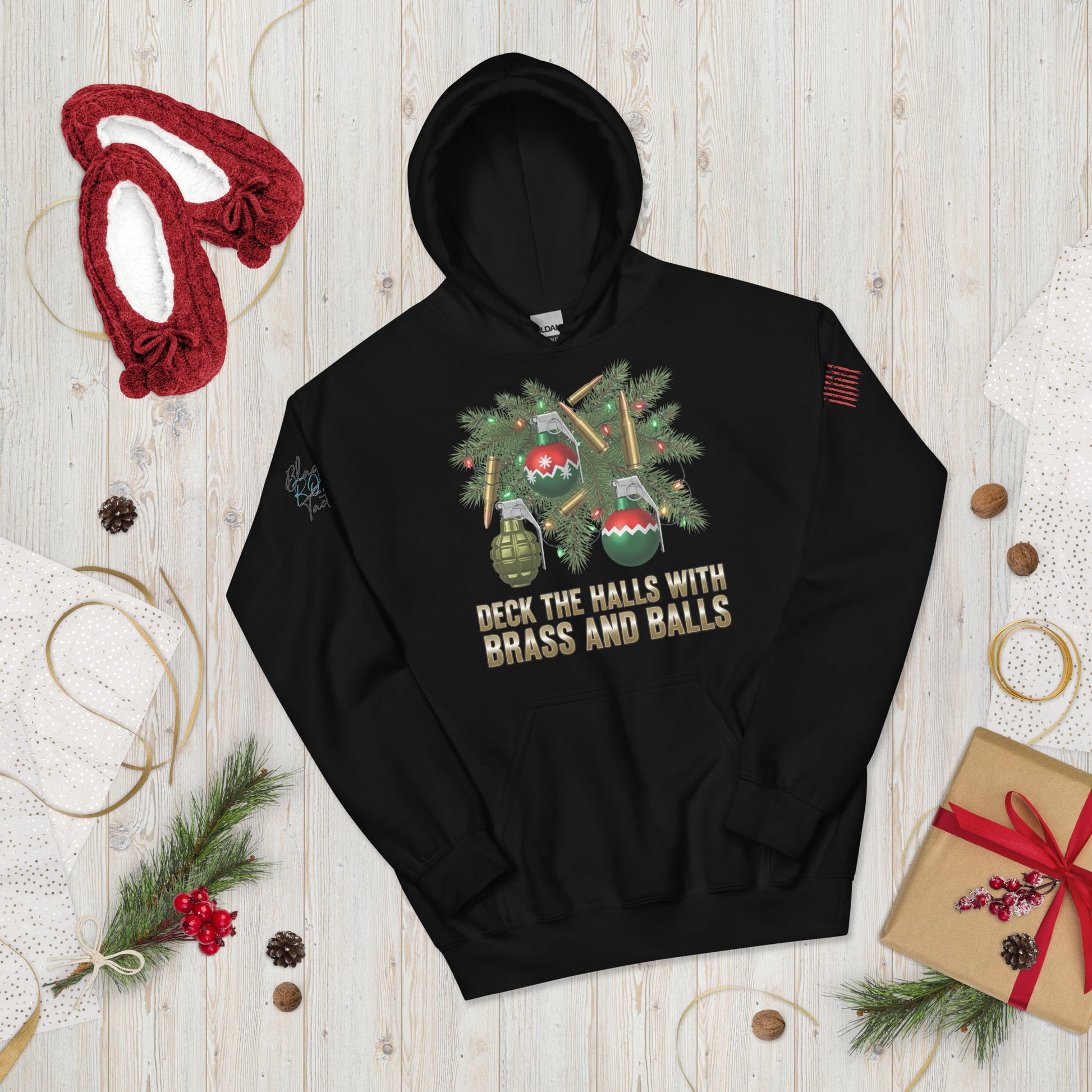 Deck the Halls with Brass and Balls sweatshirt featuring bold tactical Christmas design on front black