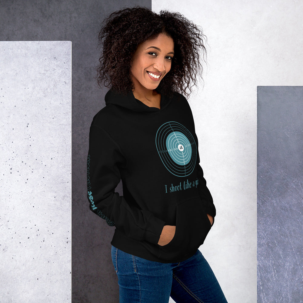 Close-up of I Shoot Like a Girl slogan on soft cotton-poly hoodie.