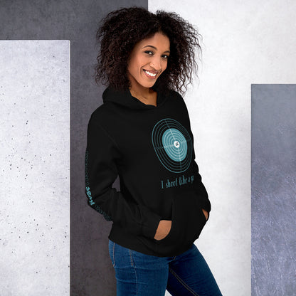 Close-up of I Shoot Like a Girl slogan on soft cotton-poly hoodie.