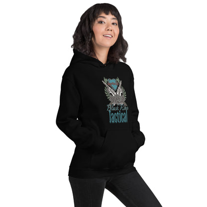 Close-up of Black Rose Tactical hoodie graphic, bold patriotic gun rights design