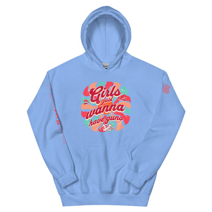 Light blue hoodie with colorful graphic and text on a white background