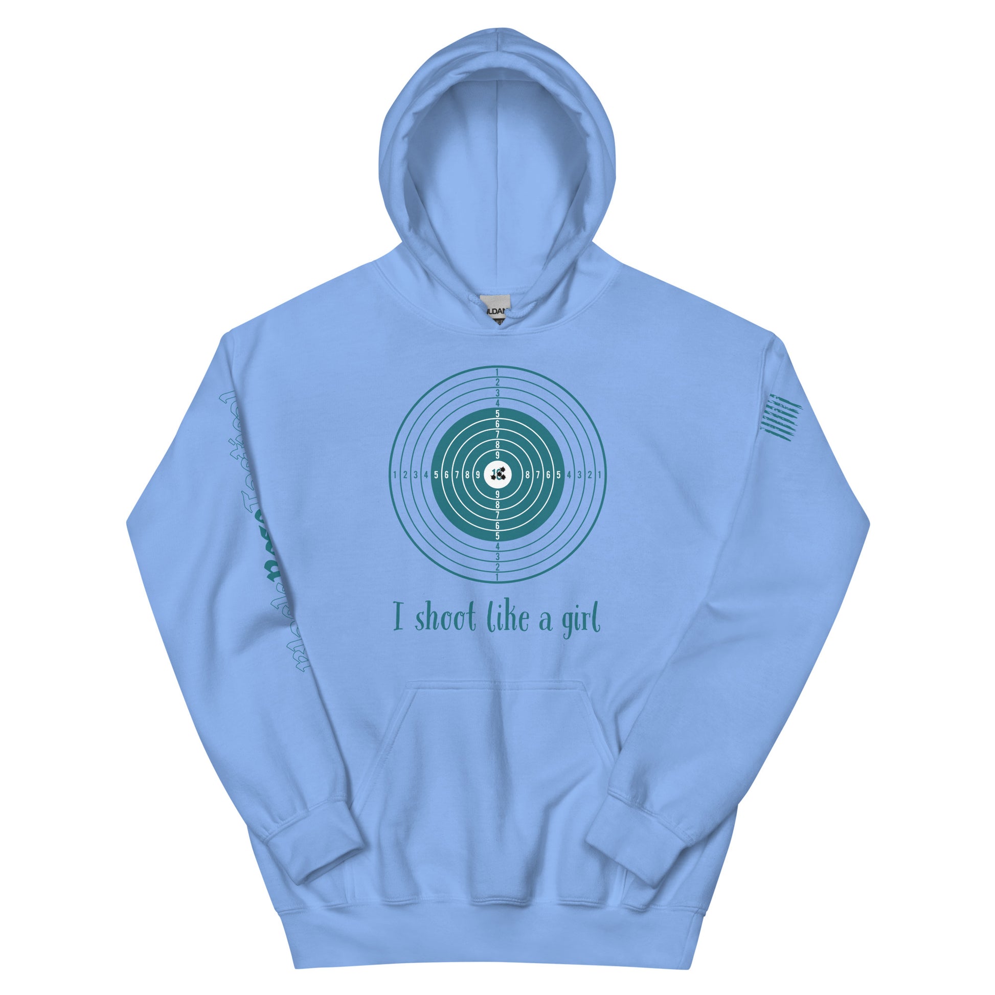 Close-up of hoodie detail showing rib-knit cuffs and pocket light blue