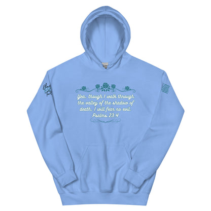 Light blue hoodie with text and design on a white background