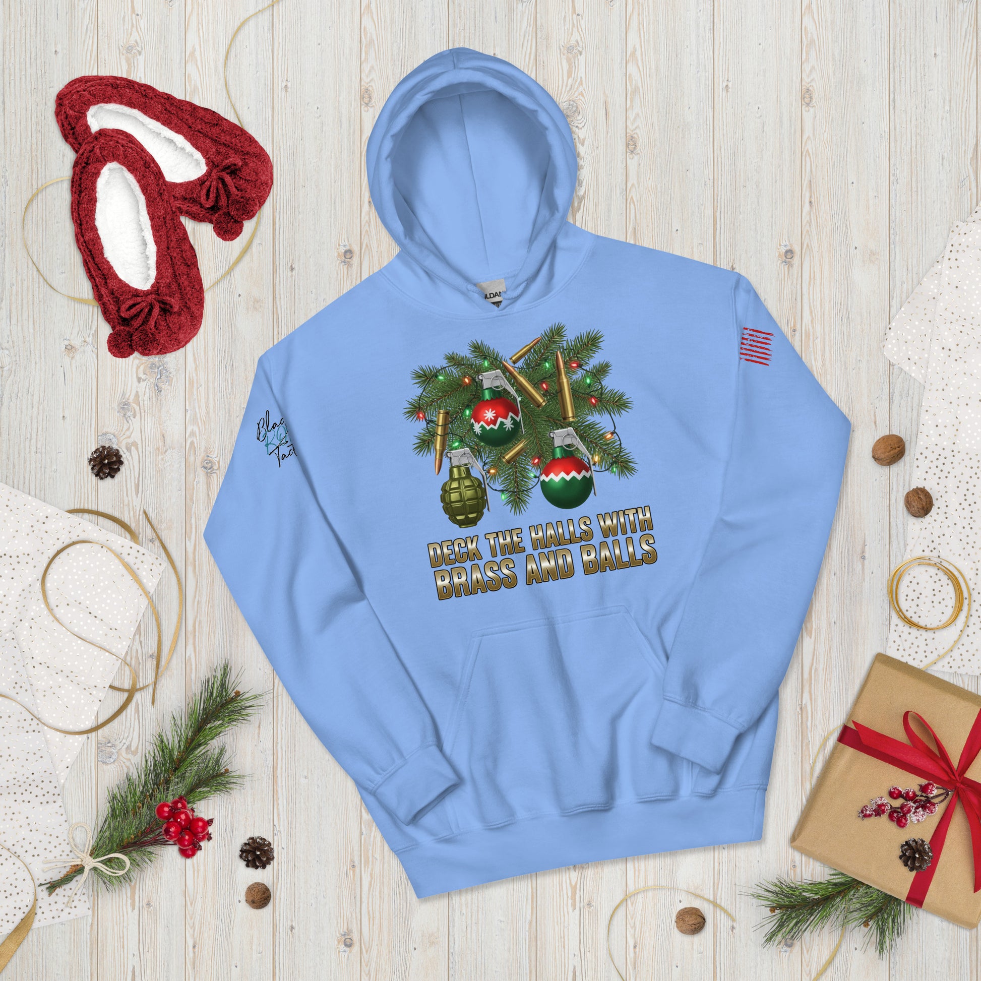 Deck the Halls with Brass and Balls sweatshirt featuring bold tactical Christmas design on front carolina blue