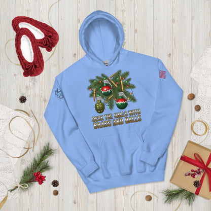 Deck the Halls with Brass and Balls sweatshirt featuring bold tactical Christmas design on front carolina blue