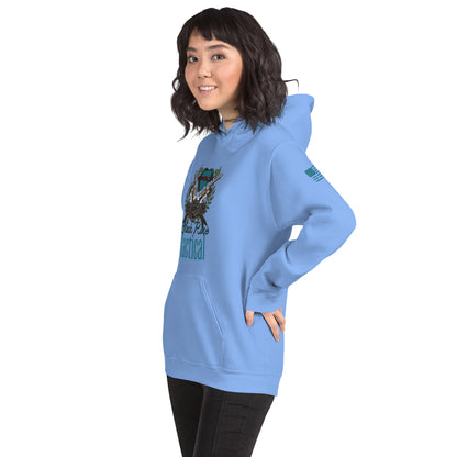 Person wearing a blue hoodie with a graphic design on a white background