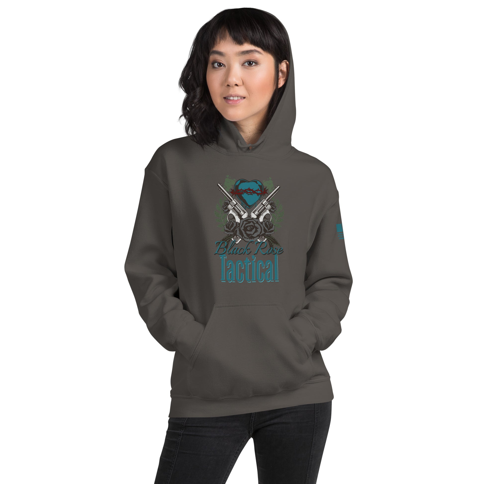 Person wearing a gray hoodie with a logo and text on a white background