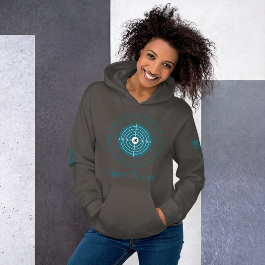 Front view of I Shoot Like a Girl hoodie with kangaroo pocket.