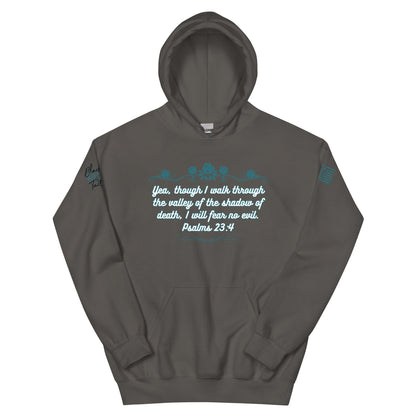 Dark gray hoodie with text design on a white background