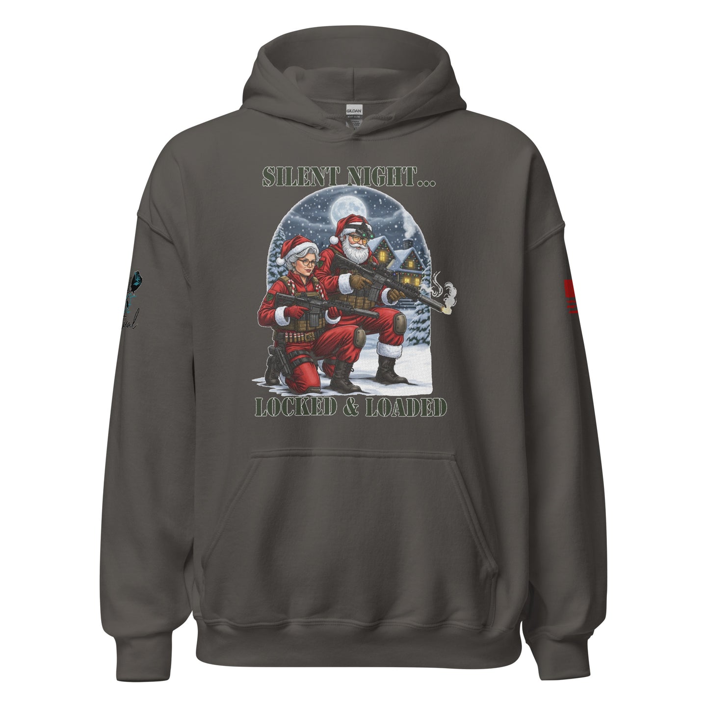 Close-up of Silent Night Locked and Loaded graphic on soft cotton-poly sweatshirt gray