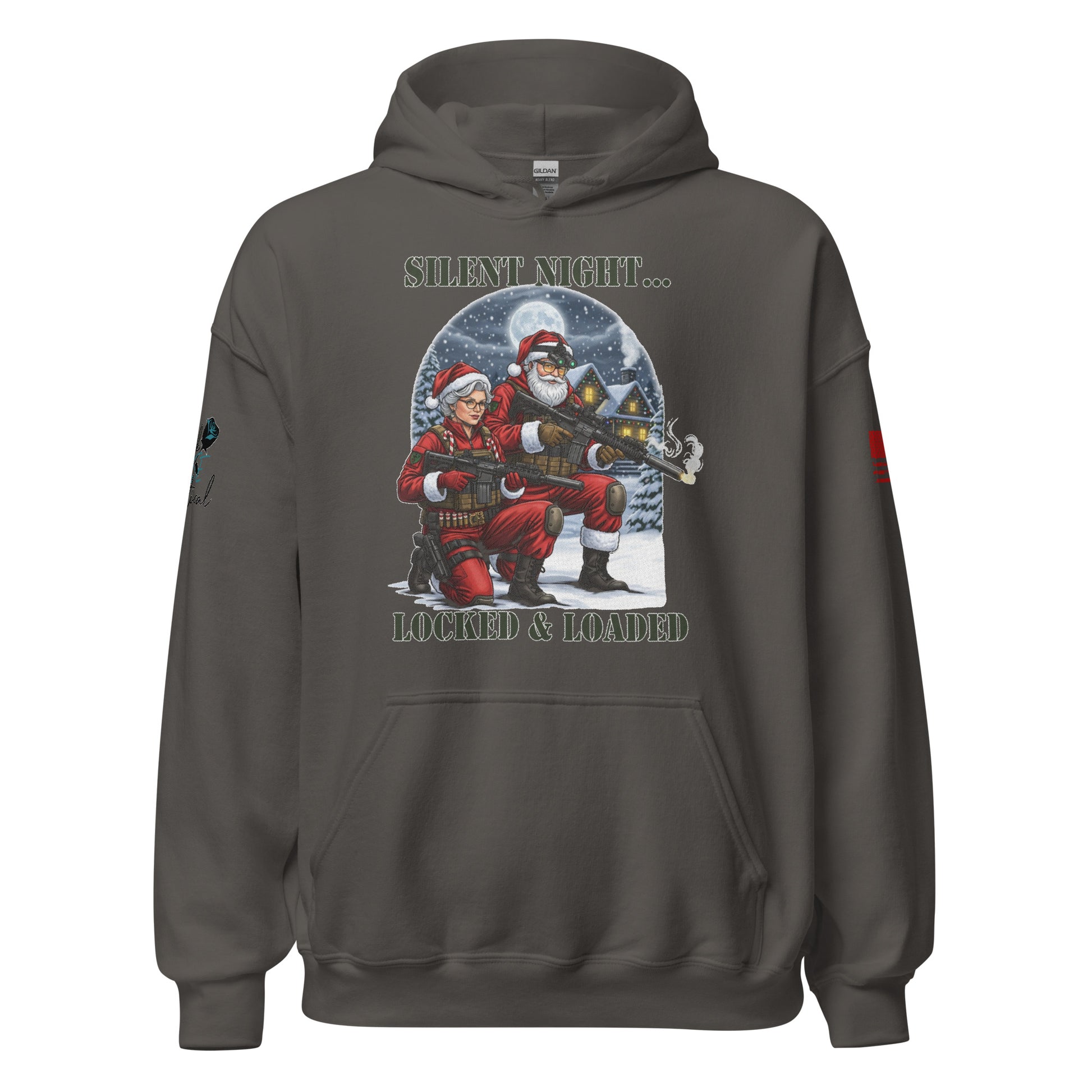 Close-up of Silent Night Locked and Loaded graphic on soft cotton-poly sweatshirt gray