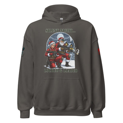 Close-up of Silent Night Locked and Loaded graphic on soft cotton-poly sweatshirt gray
