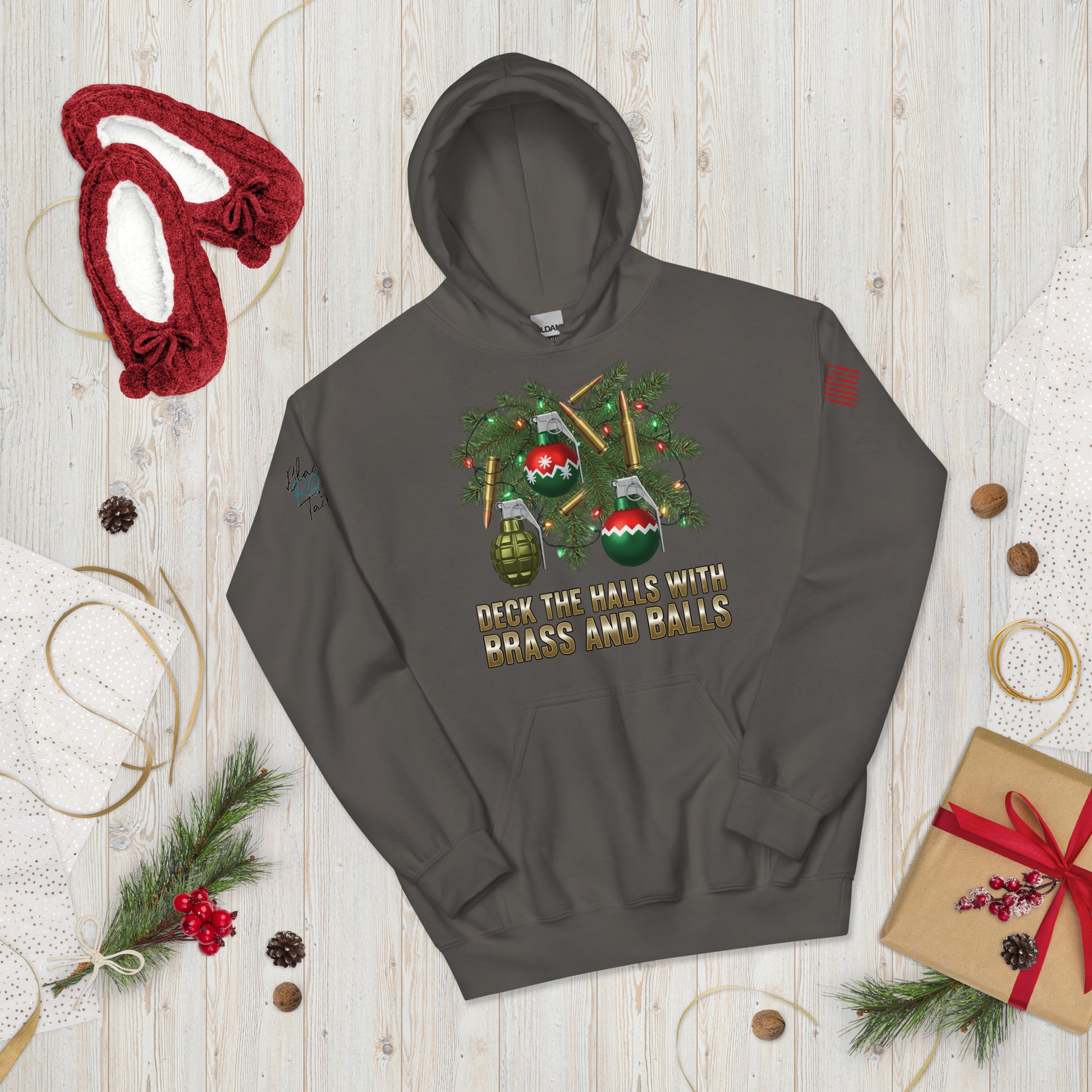 Deck the Halls with Brass and Balls sweatshirt featuring bold tactical Christmas design on front gray