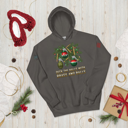 Deck the Halls with Brass and Balls sweatshirt featuring bold tactical Christmas design on front gray
