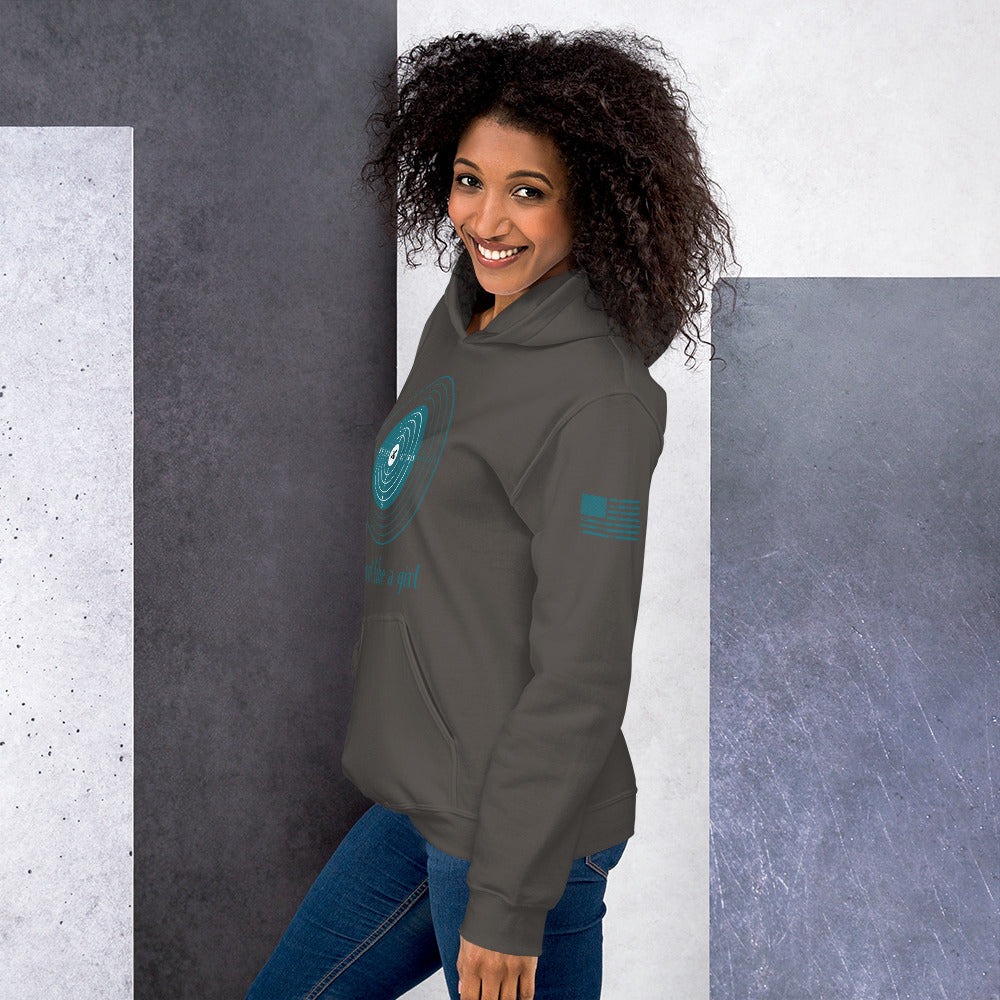 Woman wearing I Shoot Like a Girl hoodie