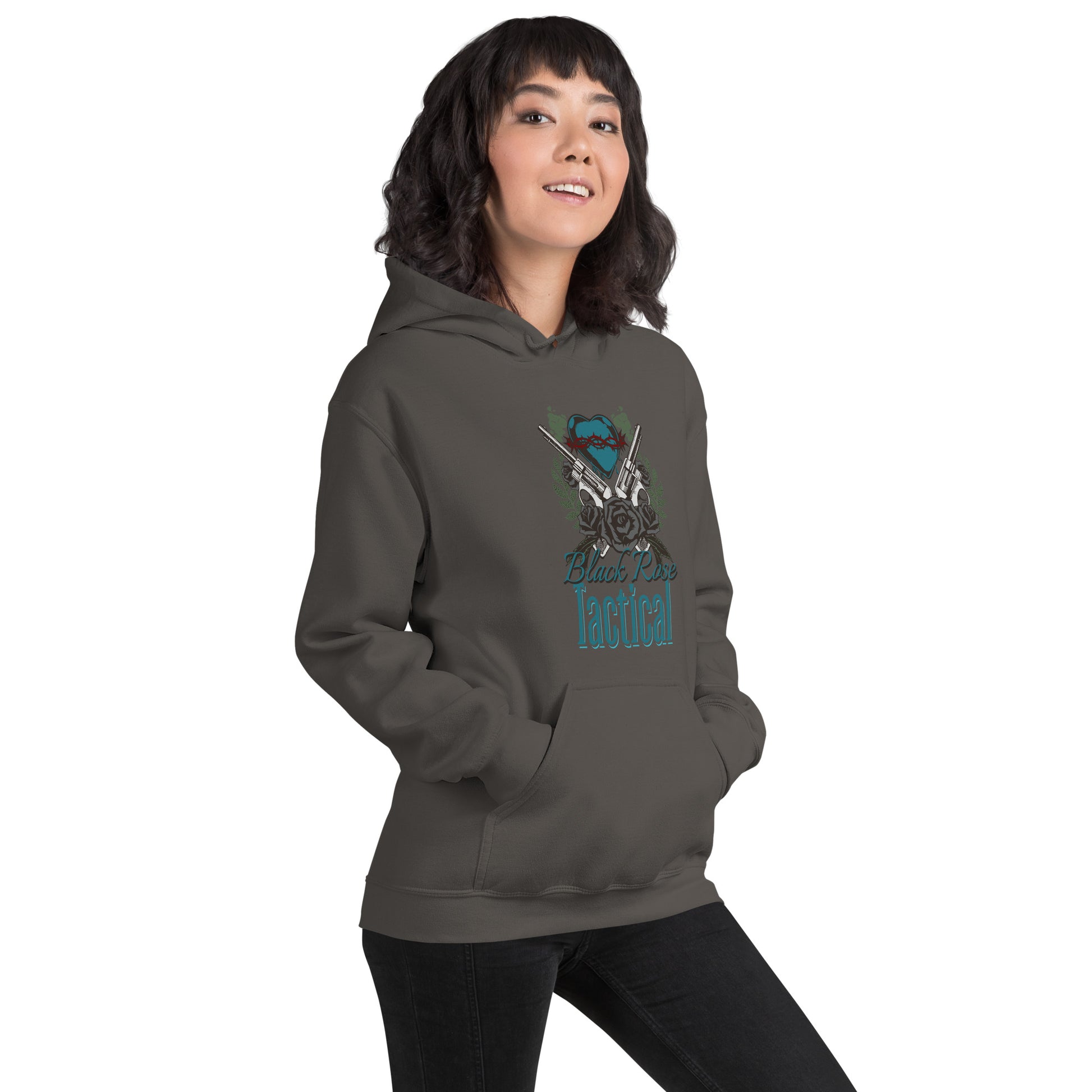 Person wearing a dark gray hoodie with a graphic design on a white background