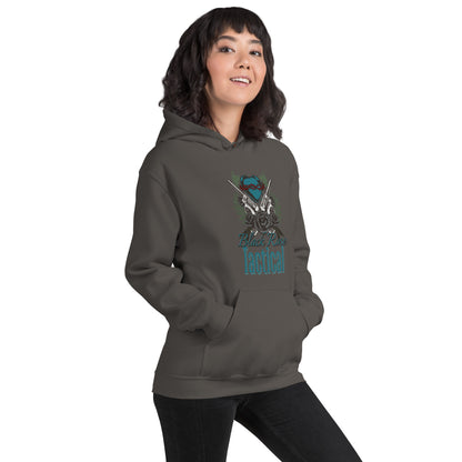 Person wearing a dark gray hoodie with a graphic design on a white background