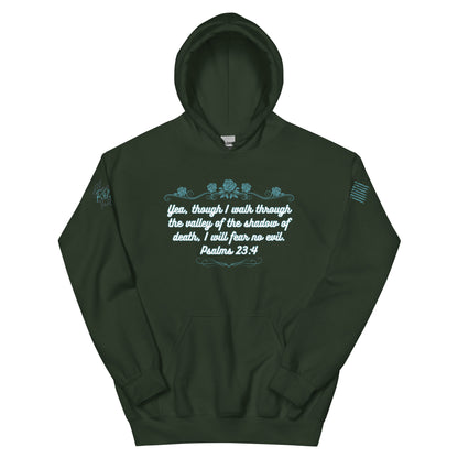 Dark green hoodie with text and floral design on a white background