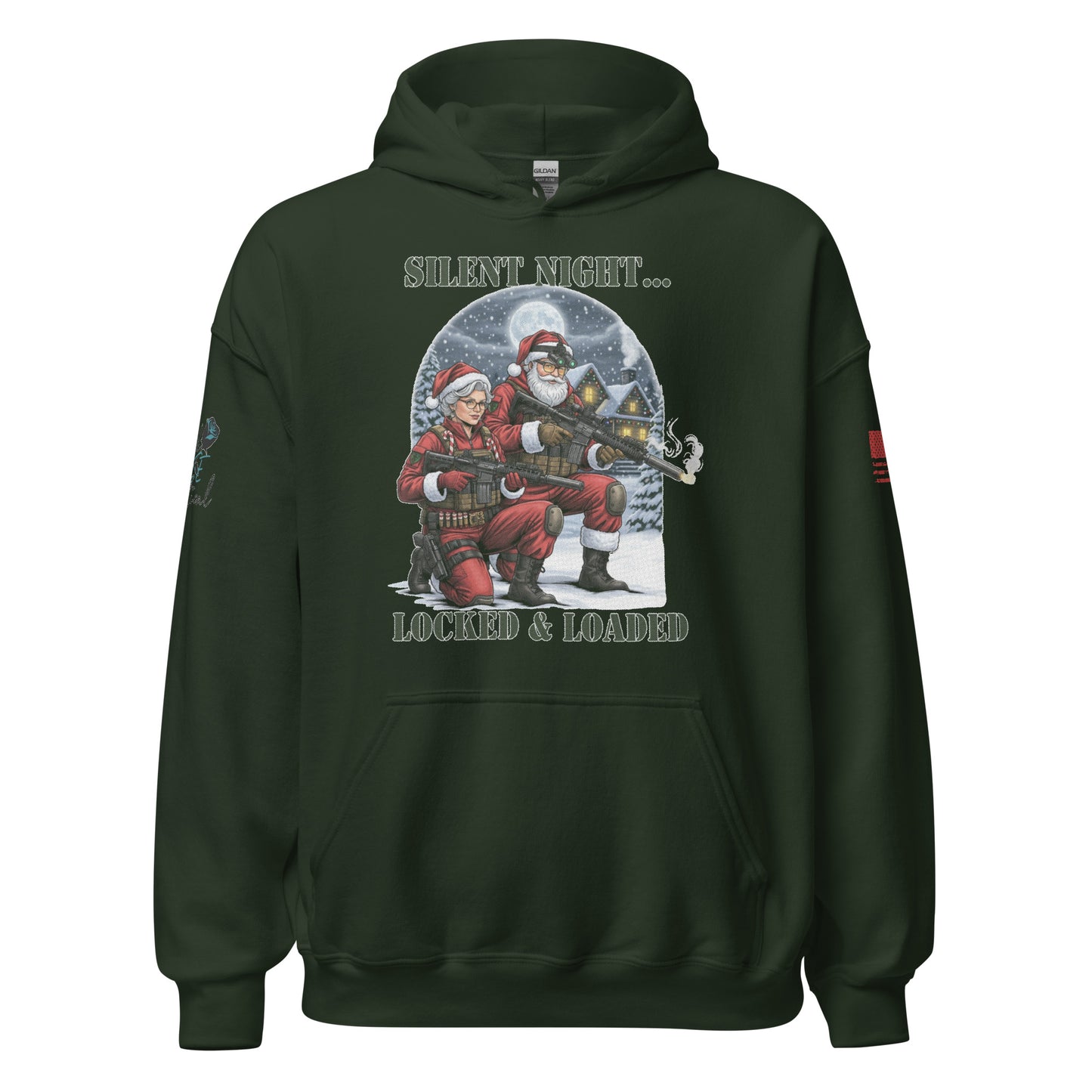 Close-up of Silent Night Locked and Loaded graphic on soft cotton-poly sweatshirt army green