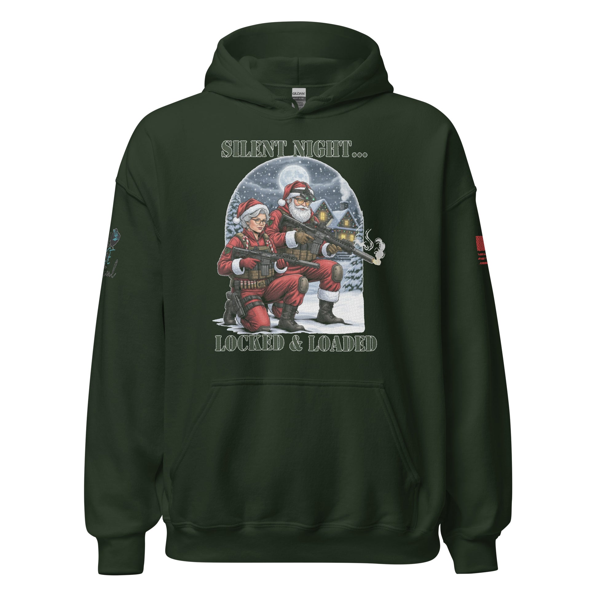 Close-up of Silent Night Locked and Loaded graphic on soft cotton-poly sweatshirt army green