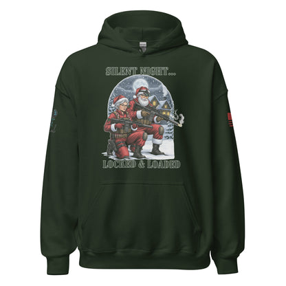 Close-up of Silent Night Locked and Loaded graphic on soft cotton-poly sweatshirt army green