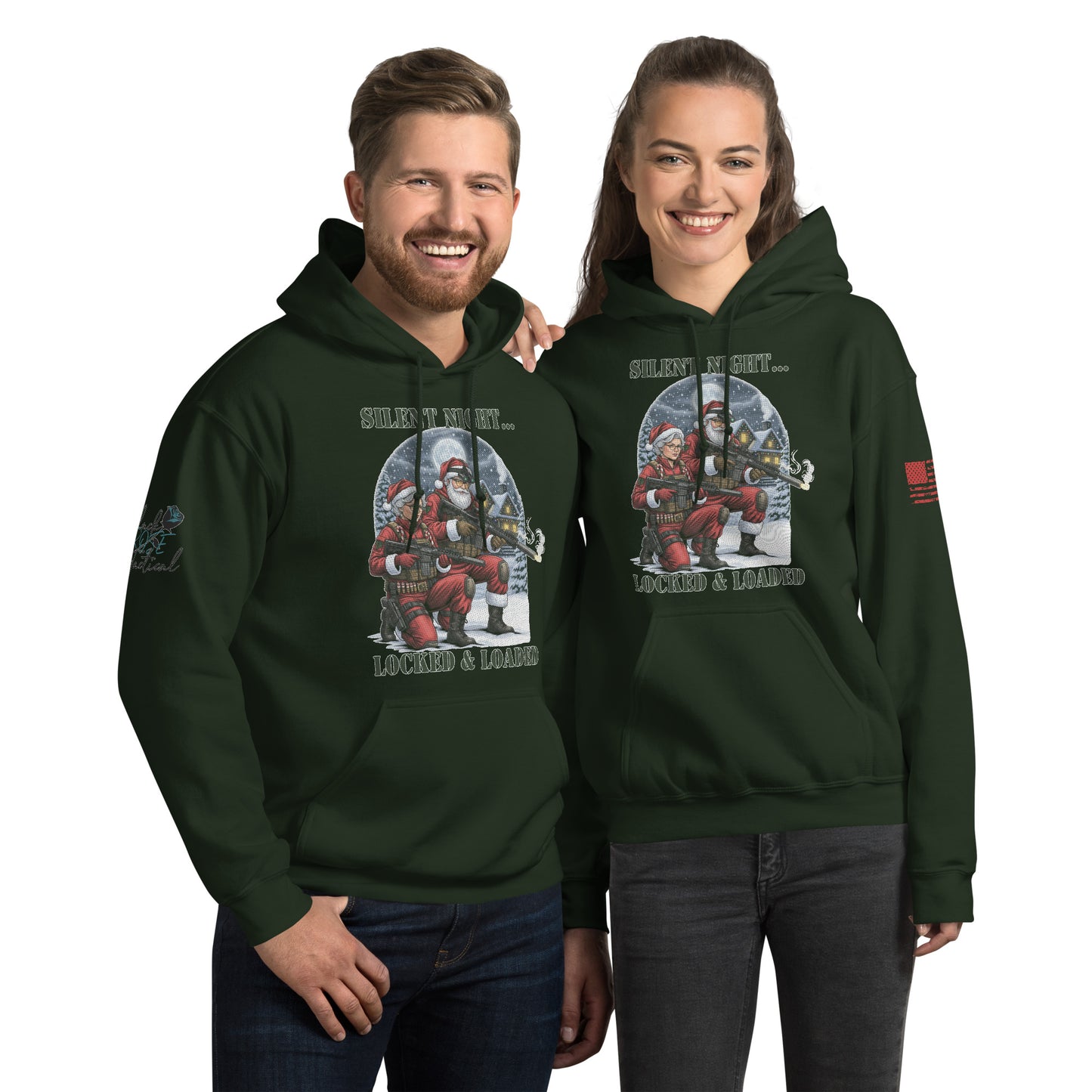 Silent Night Locked and Loaded sweatshirt with tactical holiday design printed on front army green