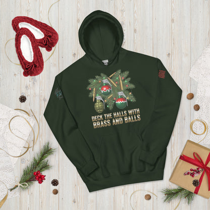 Deck the Halls with Brass and Balls sweatshirt featuring bold tactical Christmas design on front forest green