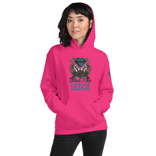 Person wearing a bright pink hoodie with a graphic design and text on a white background