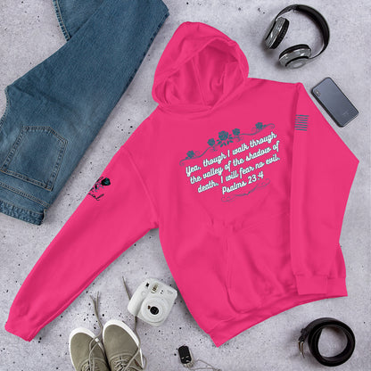 Front view of Psalms 23:4 hoodie showing Christian design and pocket pink