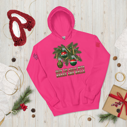 Deck the Halls with Brass and Balls sweatshirt featuring bold tactical Christmas design on front pink