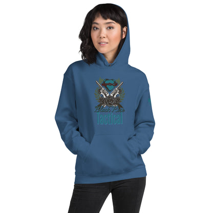 Person wearing a blue hoodie with a graphic design on a white background